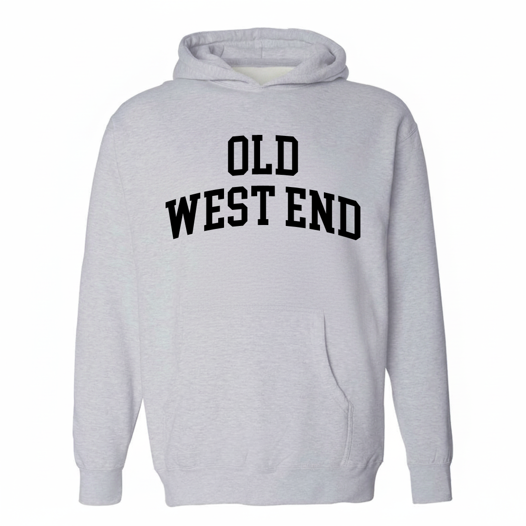 Heather-gray hoodie with the Old West End arched lettering varsity-collegiate design on the chest.