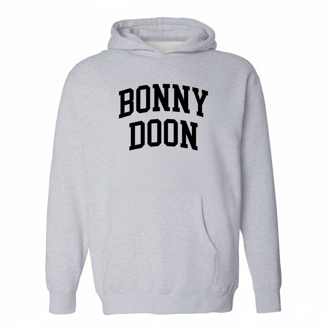 Heather-gray hoodie with the Bonny Doon varsity arched lettering design on the chest.