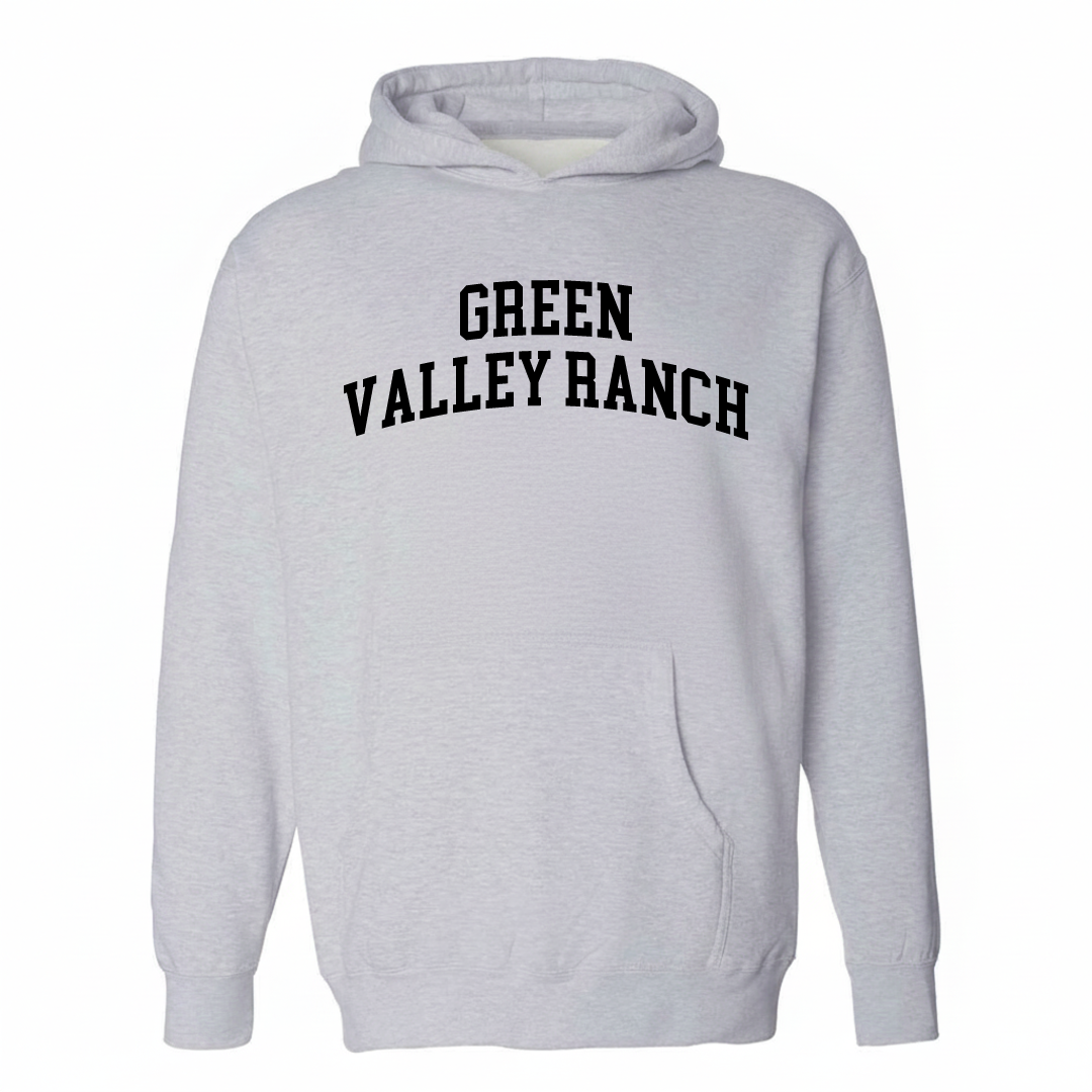 Heather-gray hoodie with the Green Valley Ranch varsity arched lettering design on the chest.
