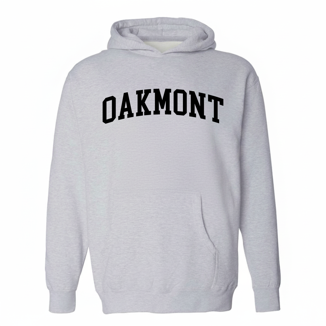 Heather-gray hoodie with the Oakmont varsity arched lettering design on the chest.