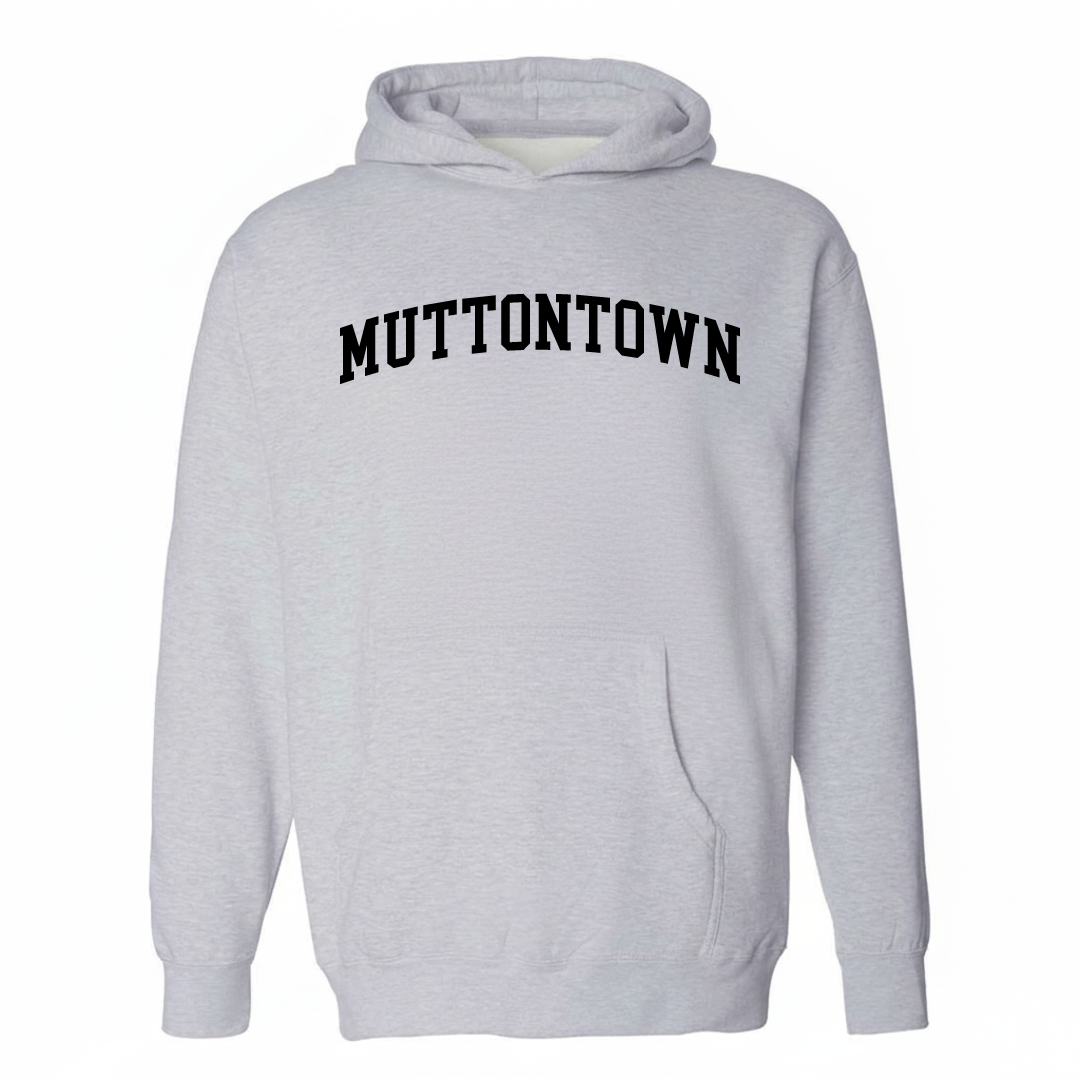 Heather-gray hoodie with the Muttontown arched varsity lettering design on the chest.