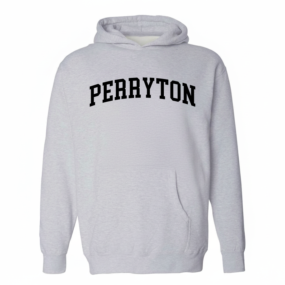 Heather-gray hoodie with the Perryton varsity arched lettering design on the chest.