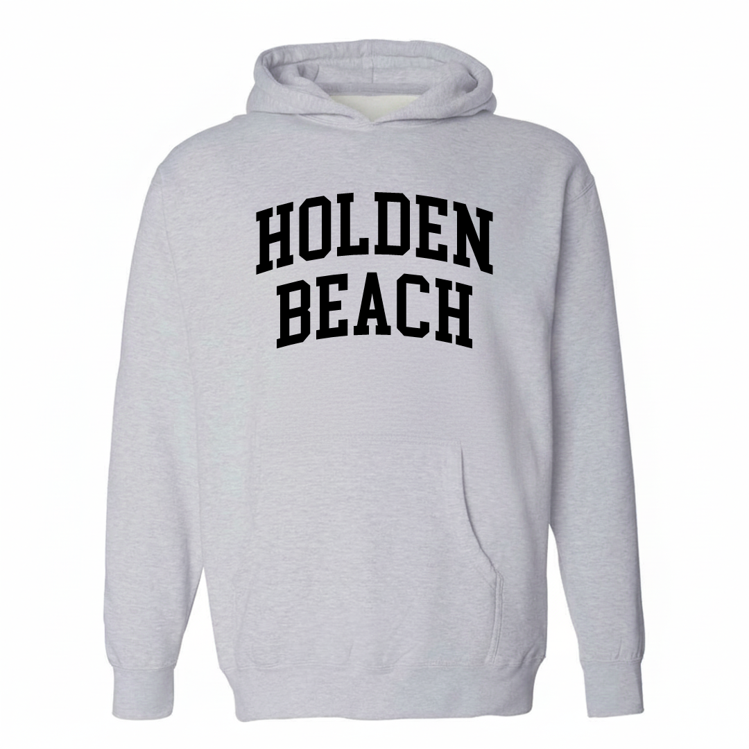 Heather-gray hoodie with the Holden Beach varsity arched lettering design on the chest.