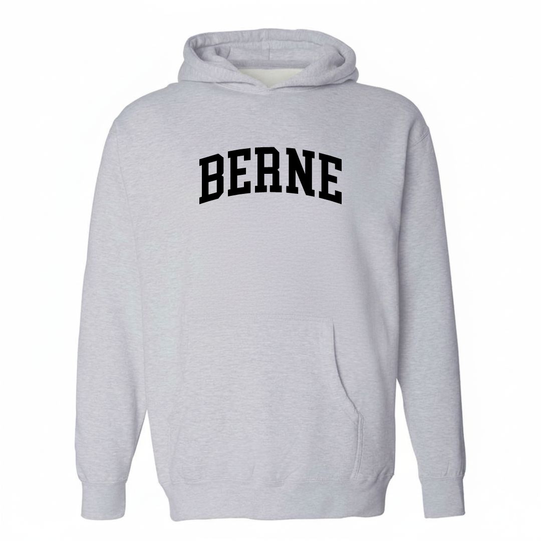 Heather-gray hoodie with the Berne varsity arched lettering design on the chest.
