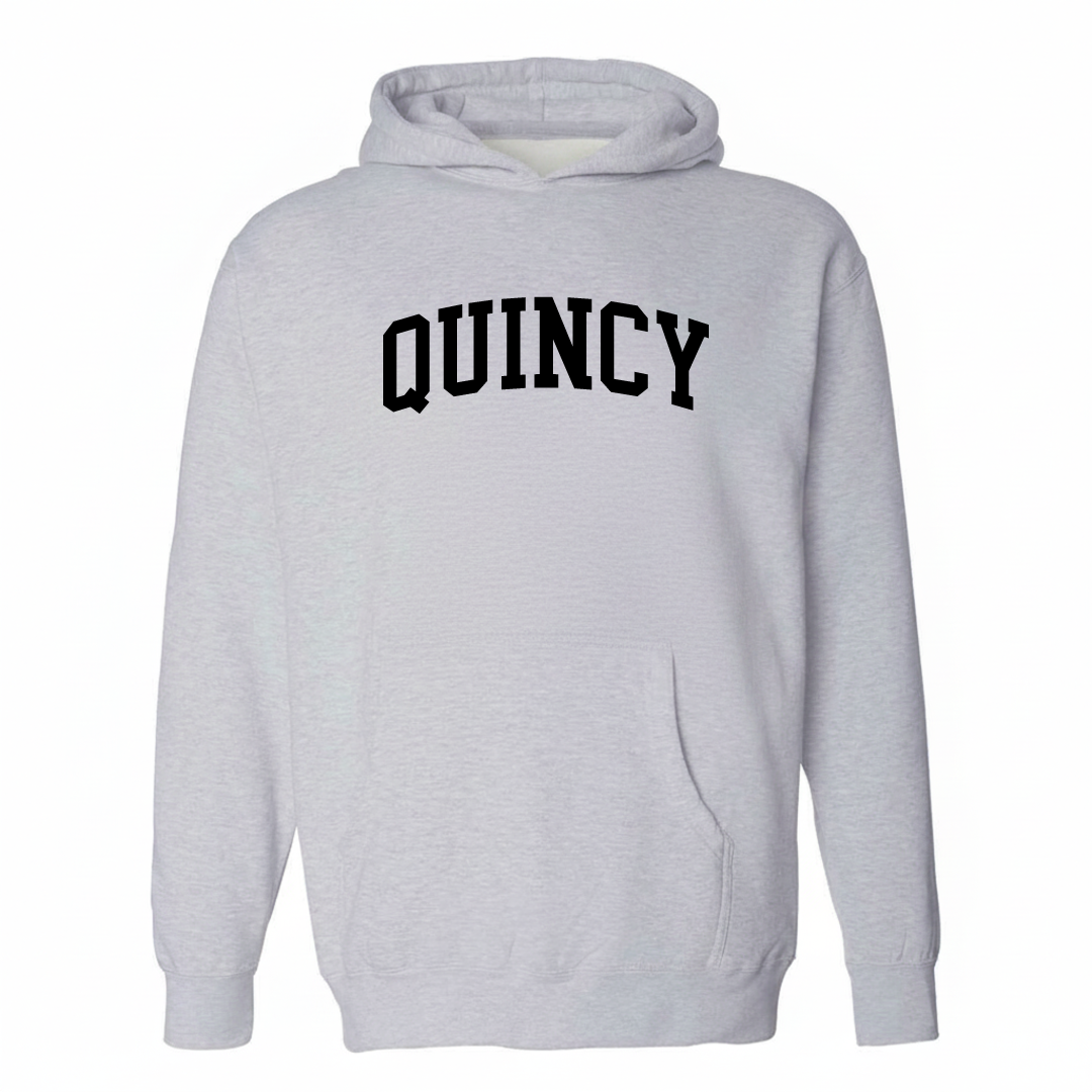 Heather-gray hoodie with the Quincy varsity arched lettering design on the chest.