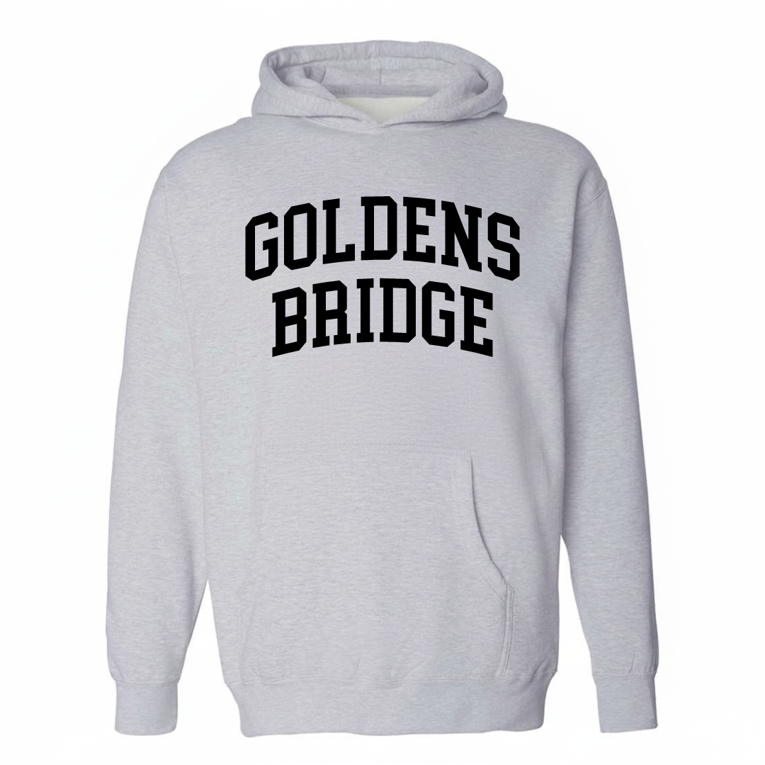 Heather-gray hoodie with the Goldens Bridge varsity arched lettering design on the chest.