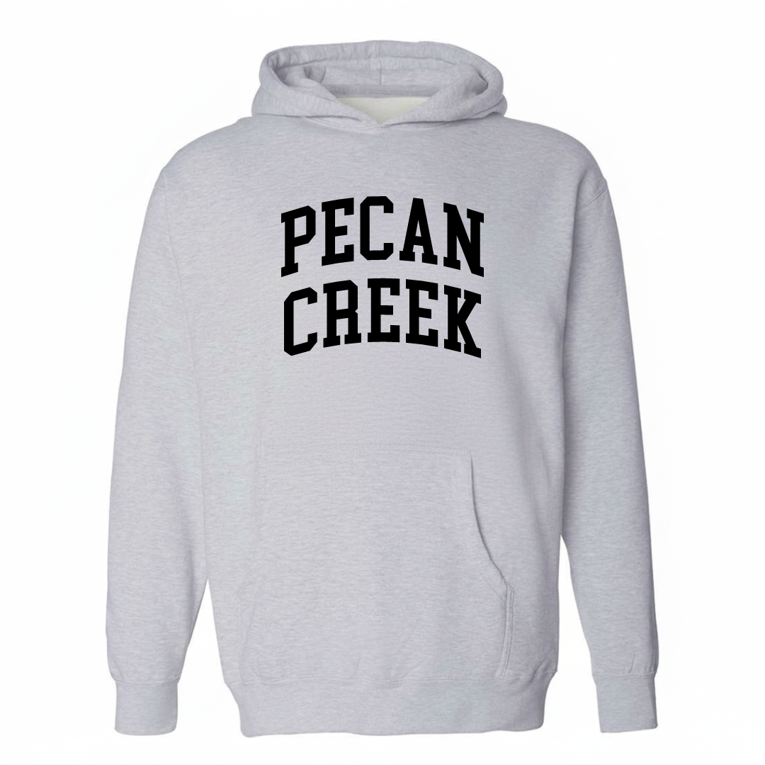 Heather-gray hoodie with the Pecan Creek varsity arched lettering design on the chest.