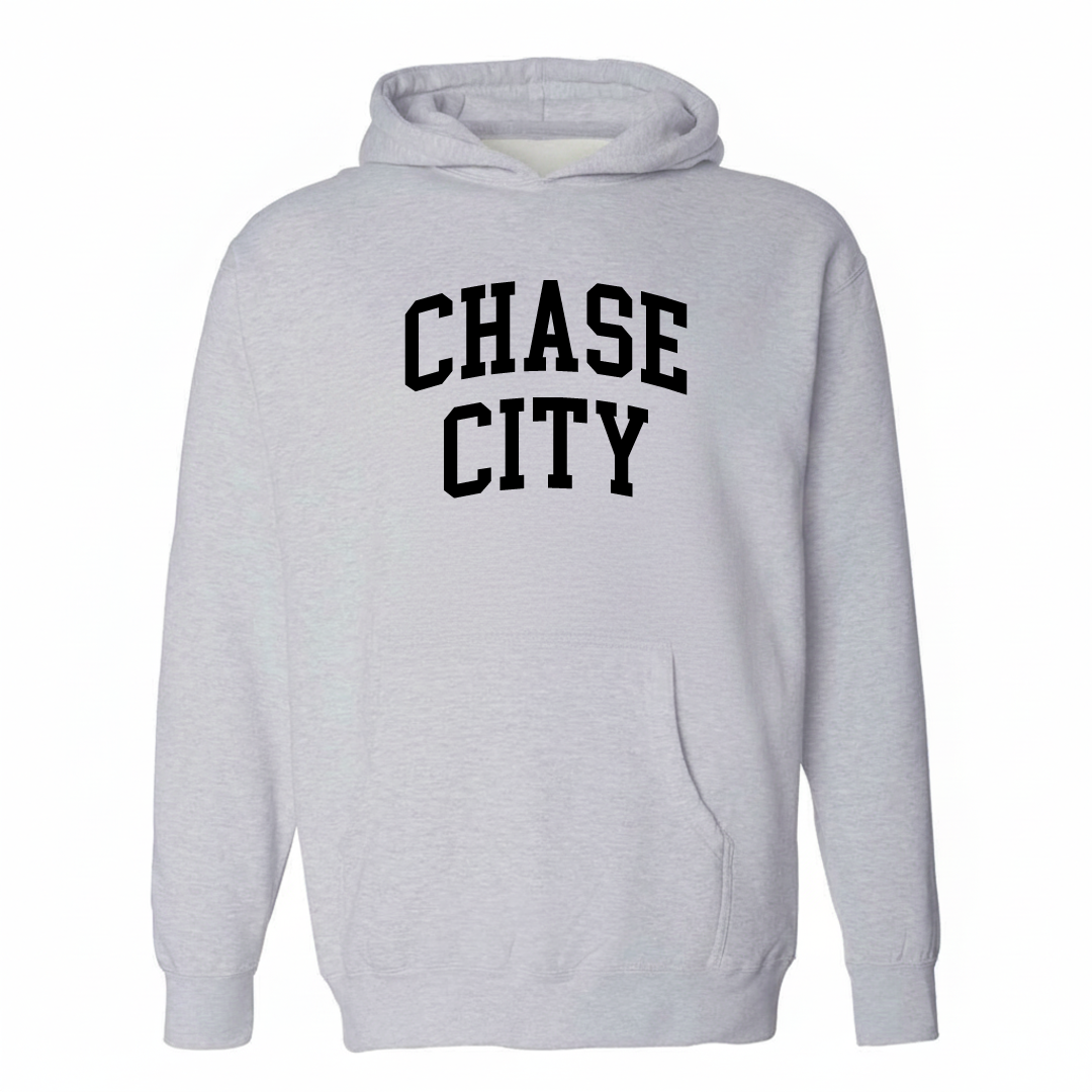 Heather-gray hoodie with the Chase City arched lettering varsity-collegiate design on the chest.