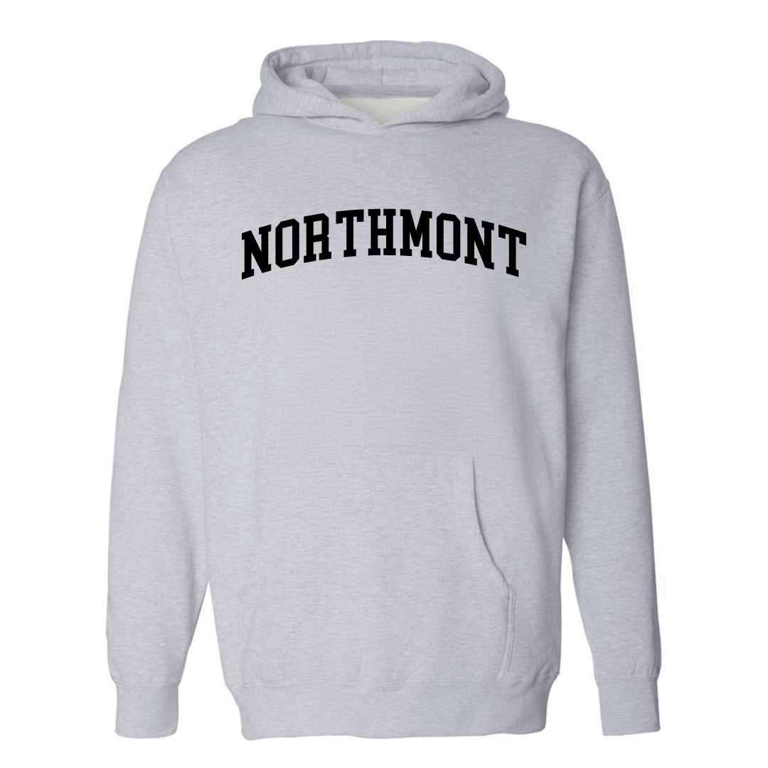 Heather-gray hoodie with the Northmont varsity arched lettering design on the chest.