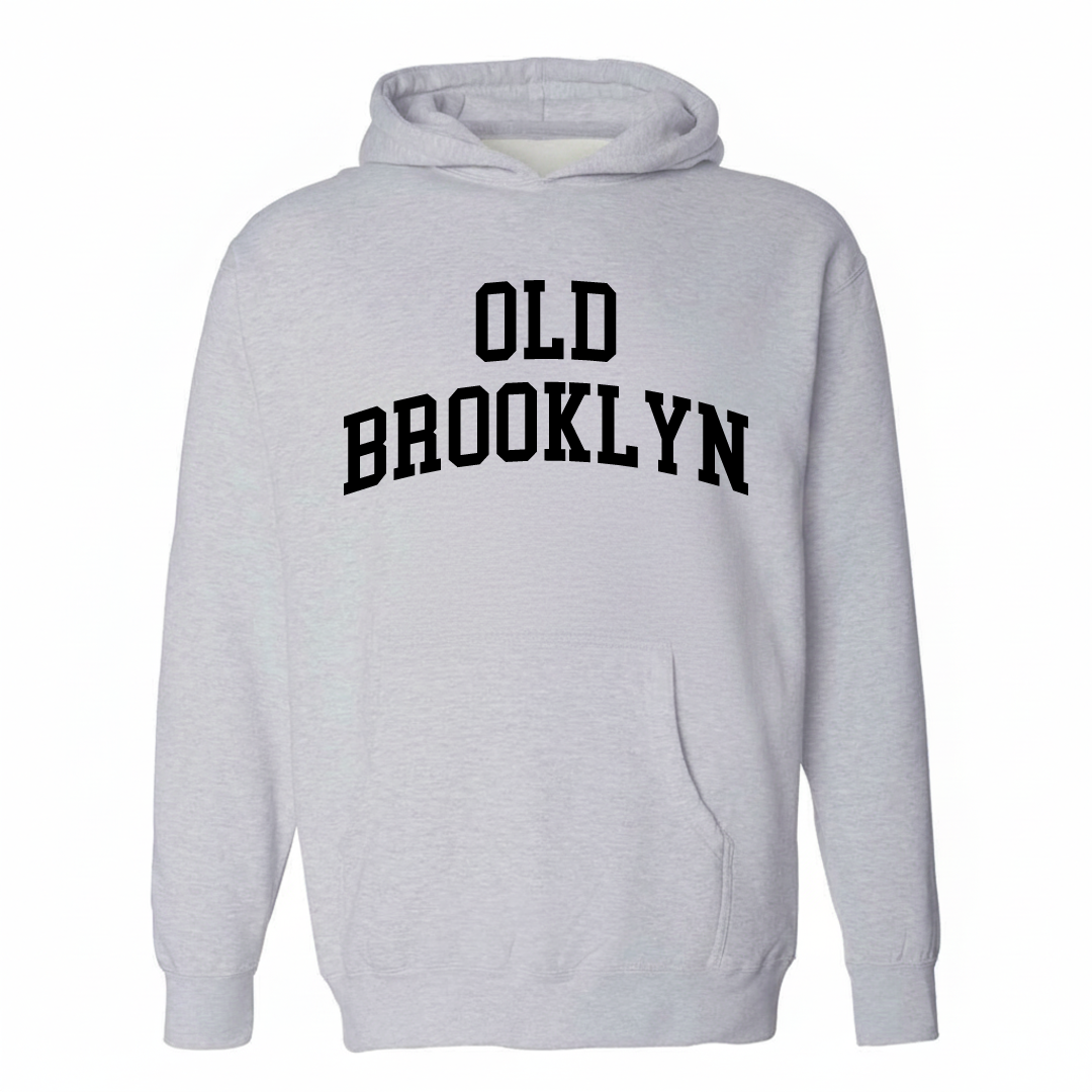 Heather-gray hoodie with the Old Brooklyn arched varsity lettering design on the chest.