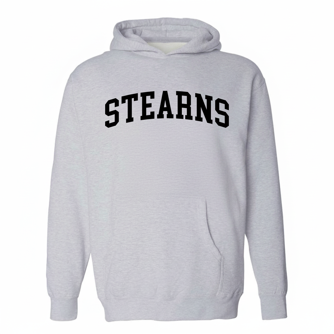 Heather-gray hoodie with the Stearns varsity arched lettering design on the chest.