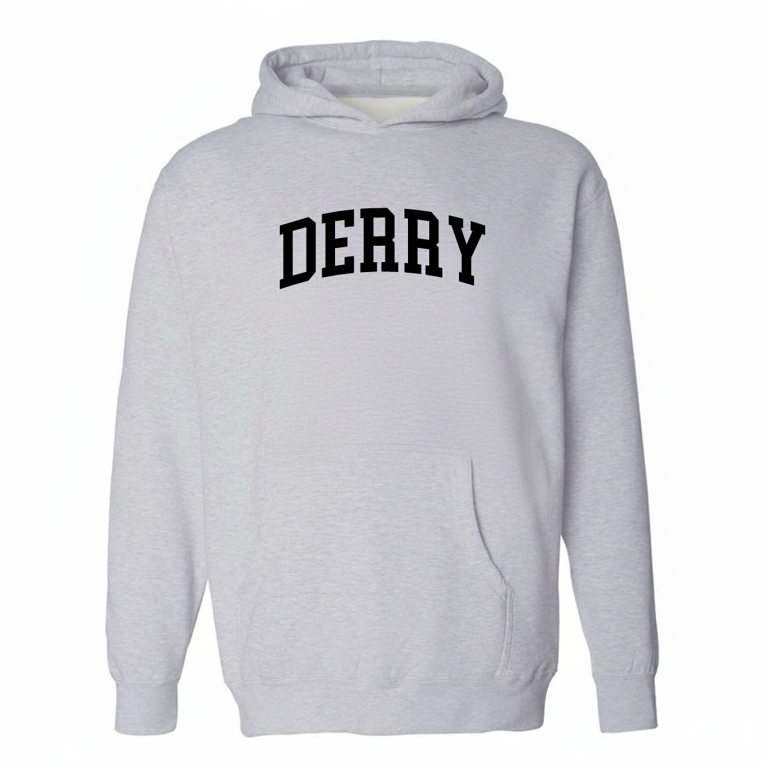 Heather-gray hoodie with the Derry arched varsity lettering design on the chest.