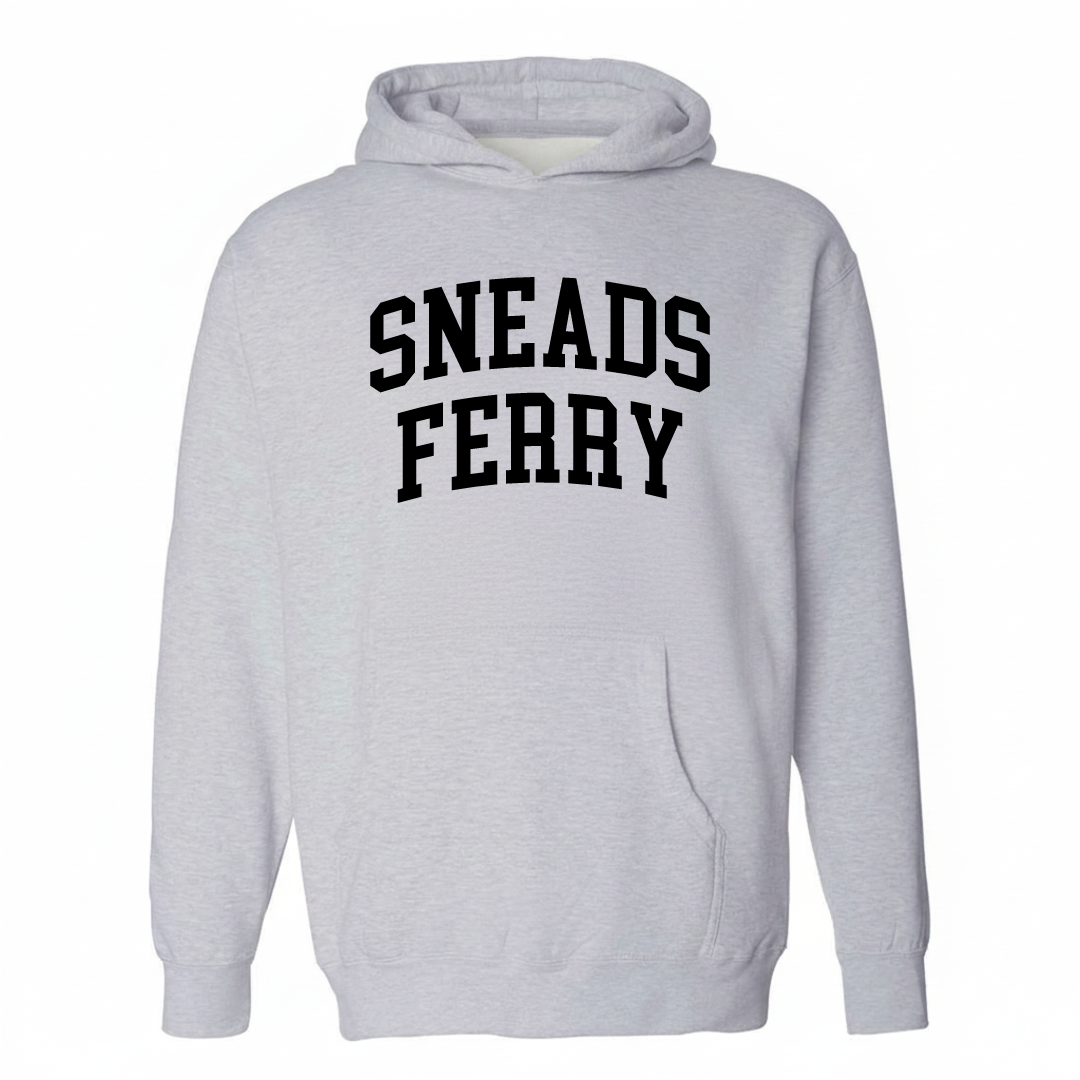 Heather-gray hoodie with the Sneads Ferry varsity arched lettering design on the chest.