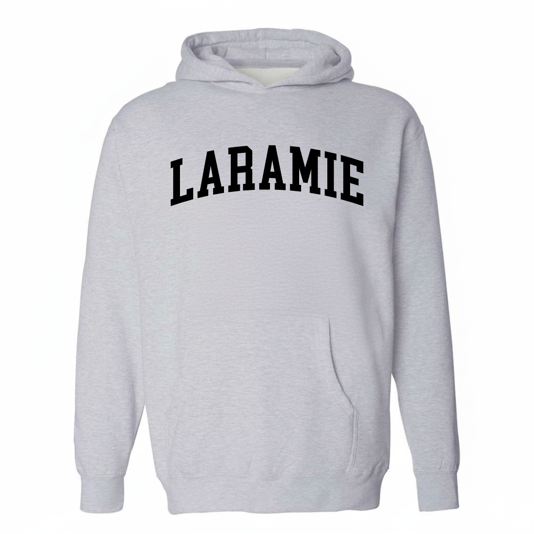 Heather-gray hoodie with the Laramie varsity arched lettering design on the chest.