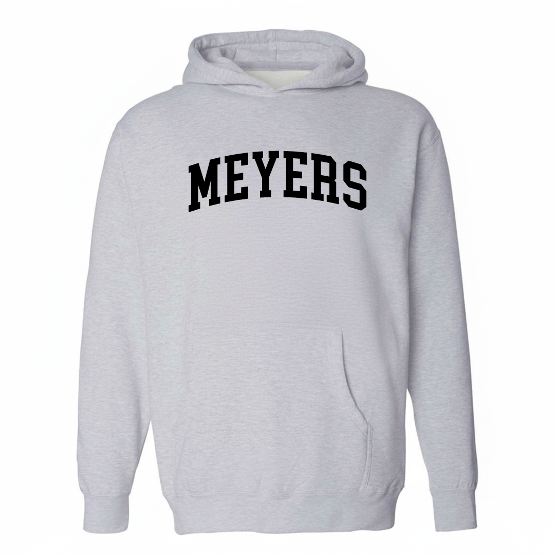 Heather-gray hoodie with the Meyers arched lettering varsity-collegiate design on the chest.