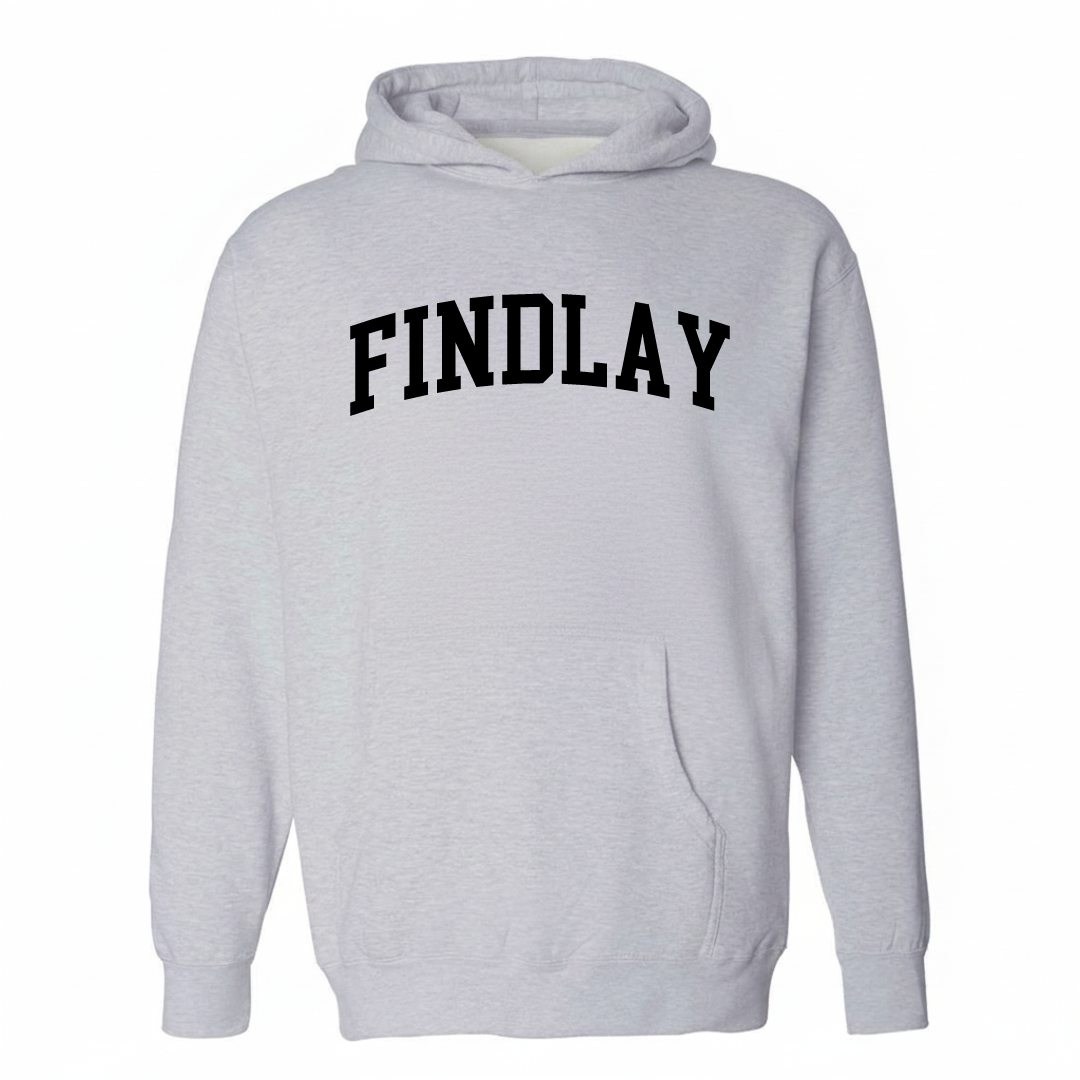 Heather-gray hoodie with the Findlay arched lettering varsity design on the chest.