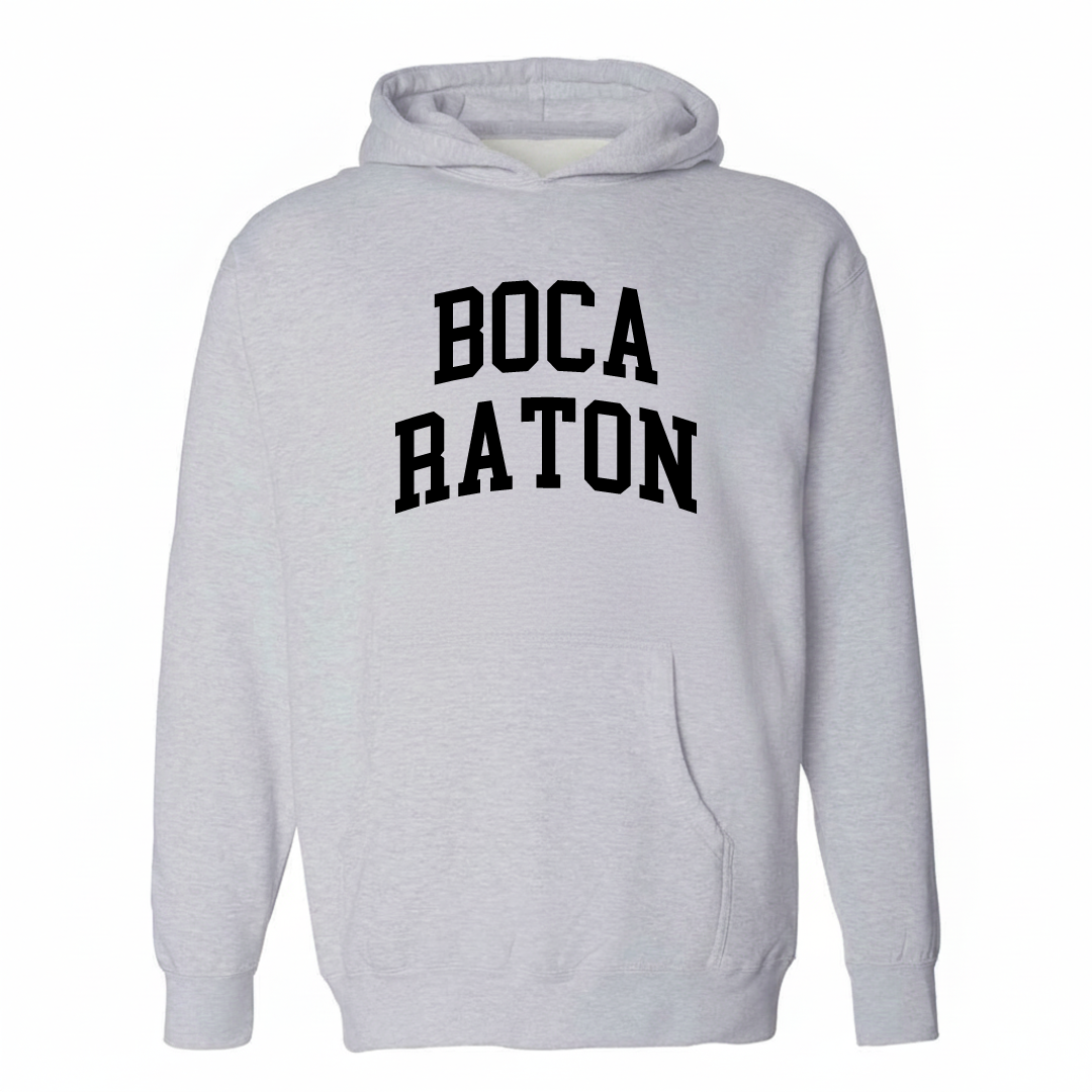 Heather-gray hoodie with the Boca Raton varsity arched lettering design on the chest.
