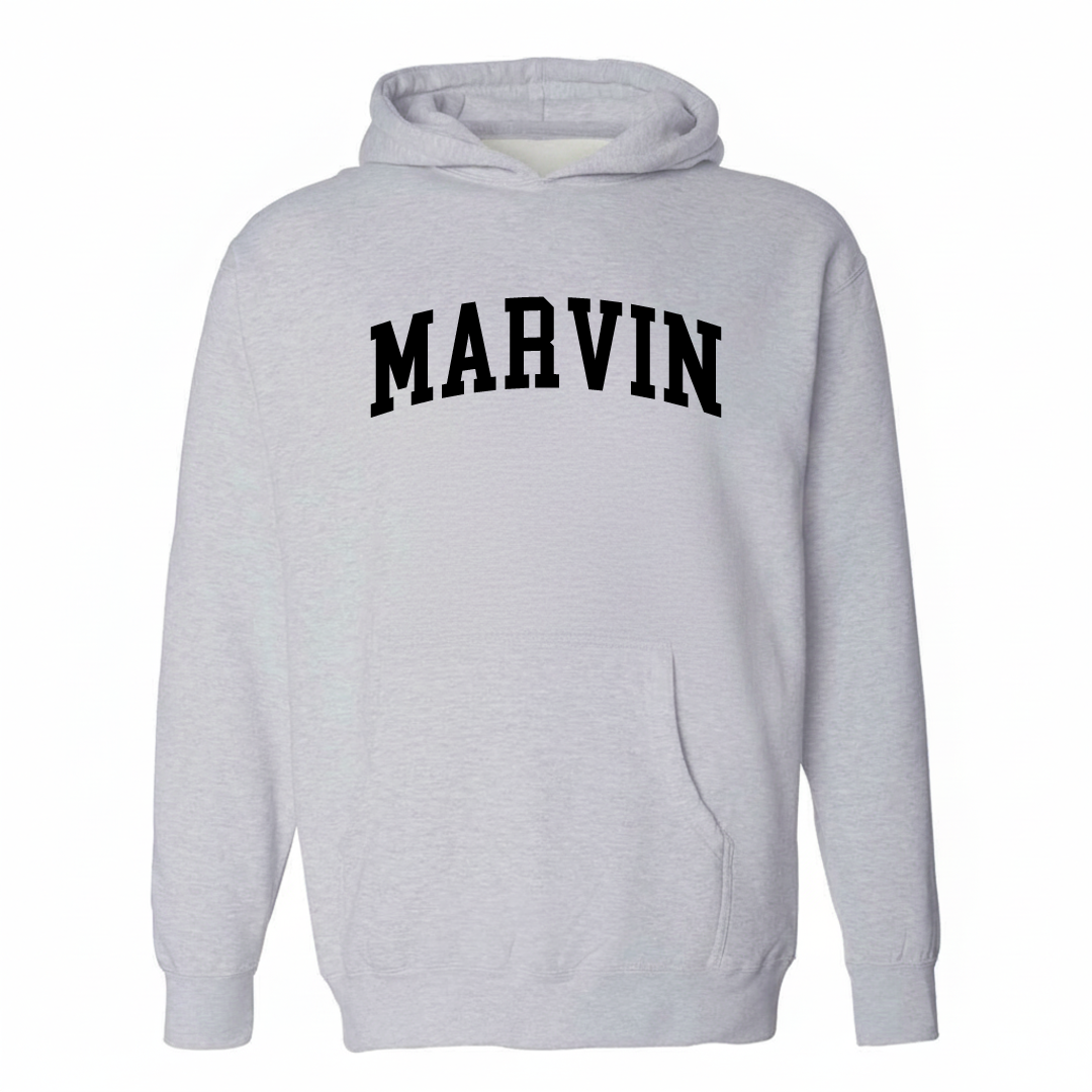 Heather-gray hoodie with the Marvin arched collegiate lettering design on the chest.