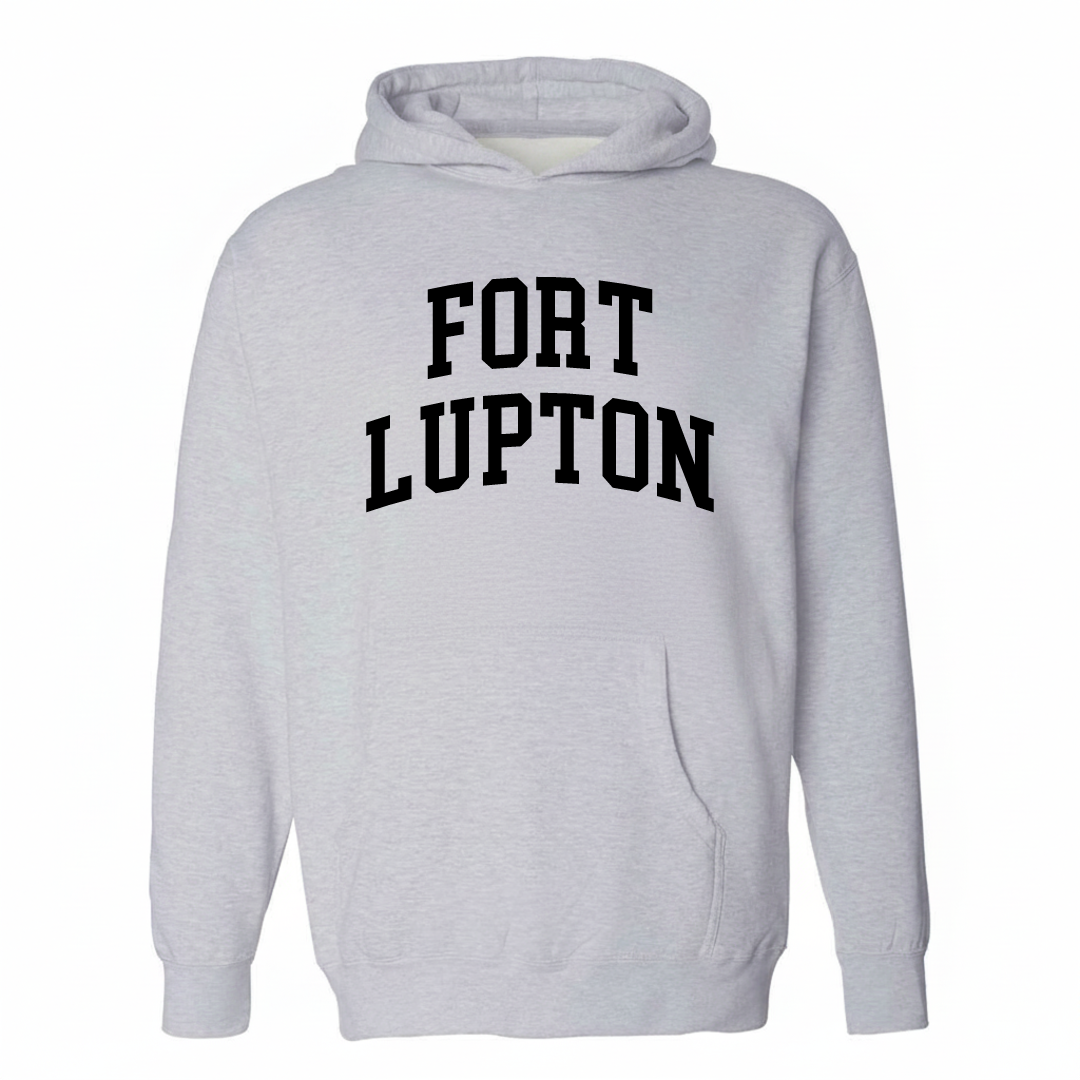 Heather-gray hoodie with the Fort Lupton varsity arched lettering design on the chest.