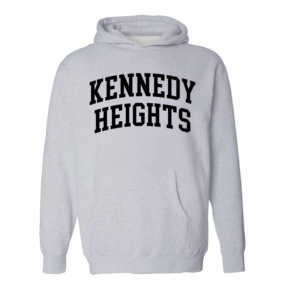 Heather-gray hoodie with the Kennedy Heights varsity arched lettering design on the chest.