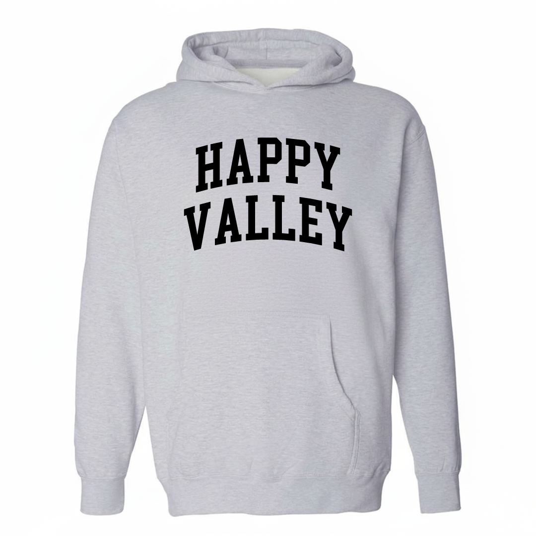 Heather-gray hoodie with the Happy Valley arched lettering design on the chest.