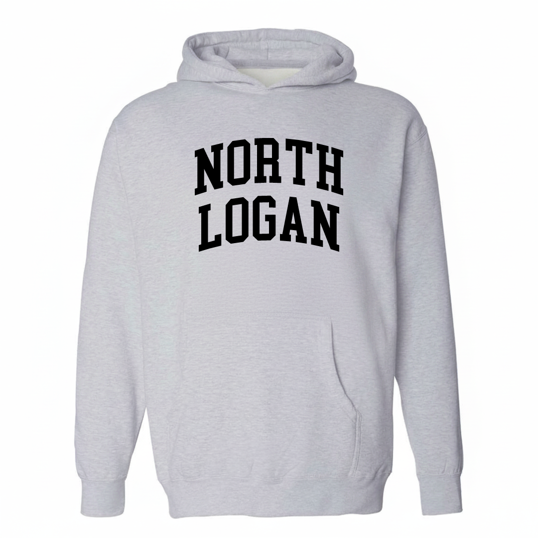 Heather-gray hoodie with the North Logan varsity arched lettering design on the chest.