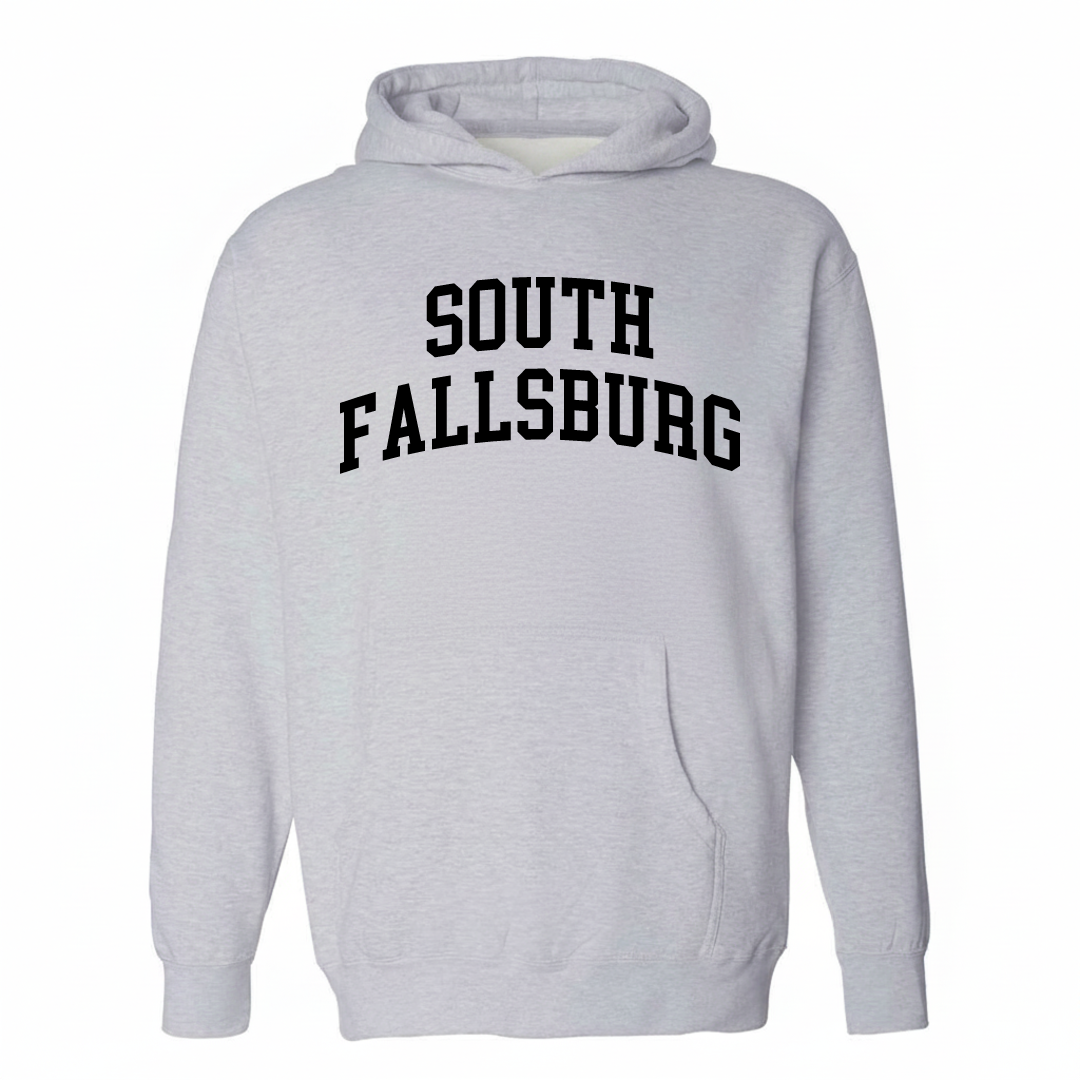 Heather-gray hoodie with the South Fallsburg arched lettering design on the chest.