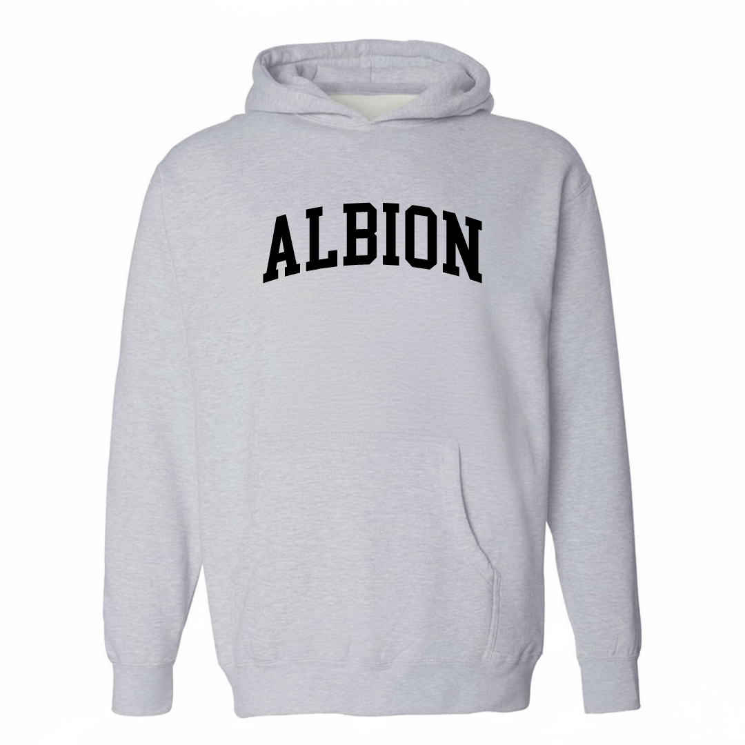 Heather-gray hoodie with the Albion arched lettering varsity-collegiate design on the chest.