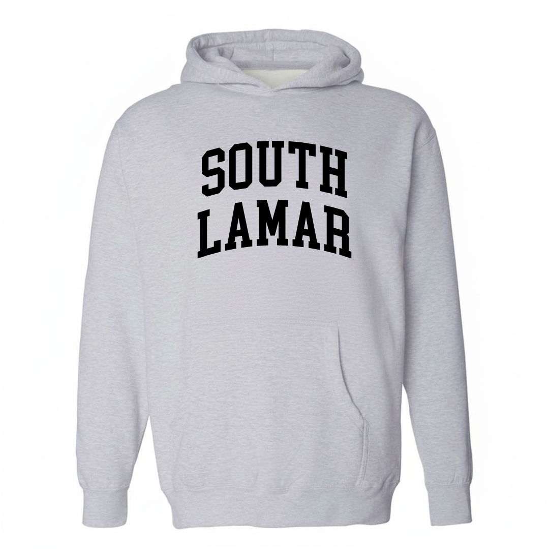 Heather-gray hoodie with the South Lamar varsity arched lettering design on the chest.