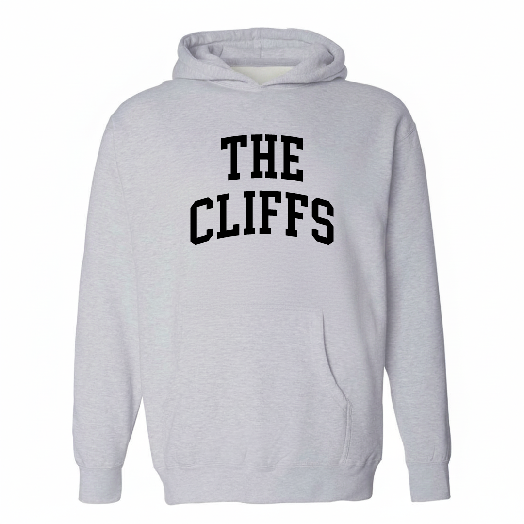Heather-gray hoodie with The Cliffs varsity arched lettering design on the chest.