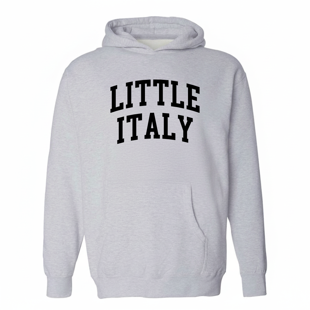 Heather-gray hoodie with the Little Italy varsity arched lettering design on the chest.