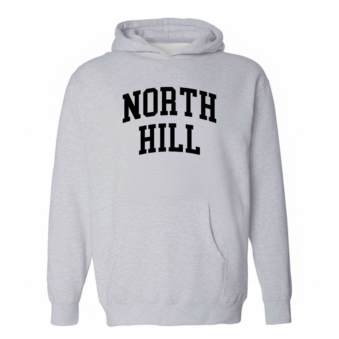 Heather-gray hoodie with the North Hill varsity arched lettering design on the chest.
