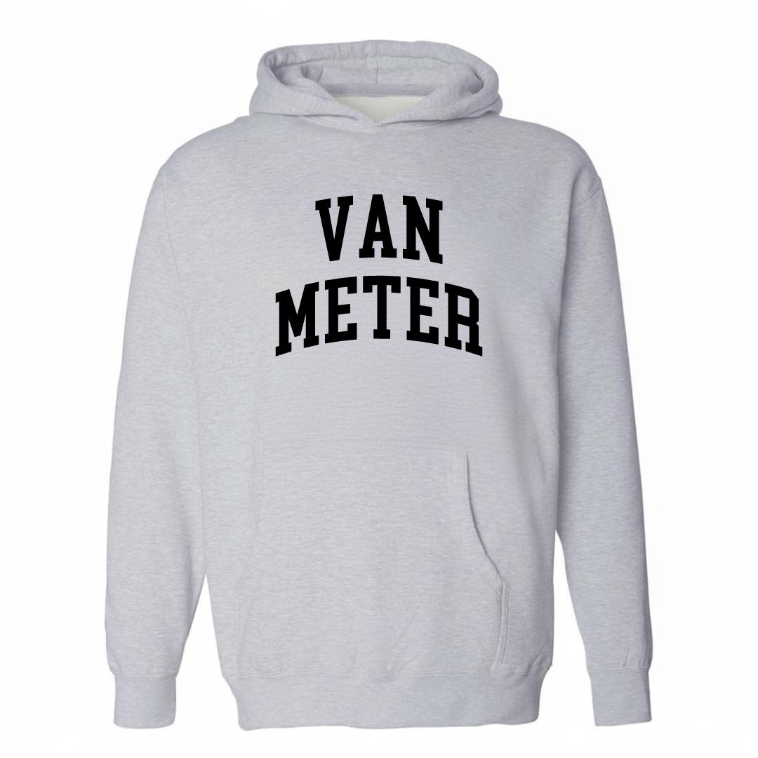 Heather-gray hoodie with the Van Meter arched varsity lettering design on the chest.