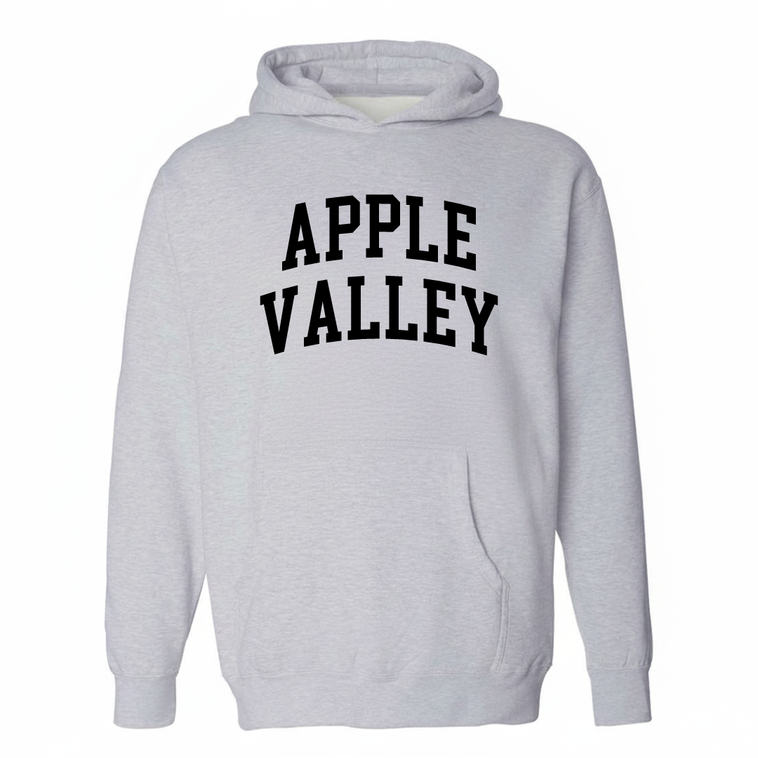 Heather-gray hoodie with the Apple Valley varsity arched lettering design on the chest.
