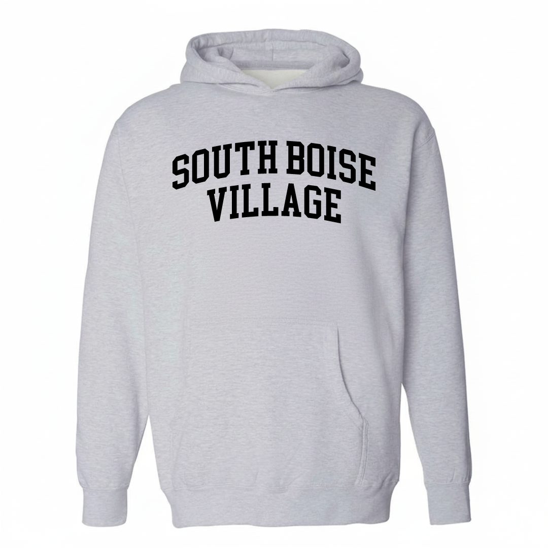 Heather-gray hoodie with the South Boise Village varsity arched lettering design on the chest.