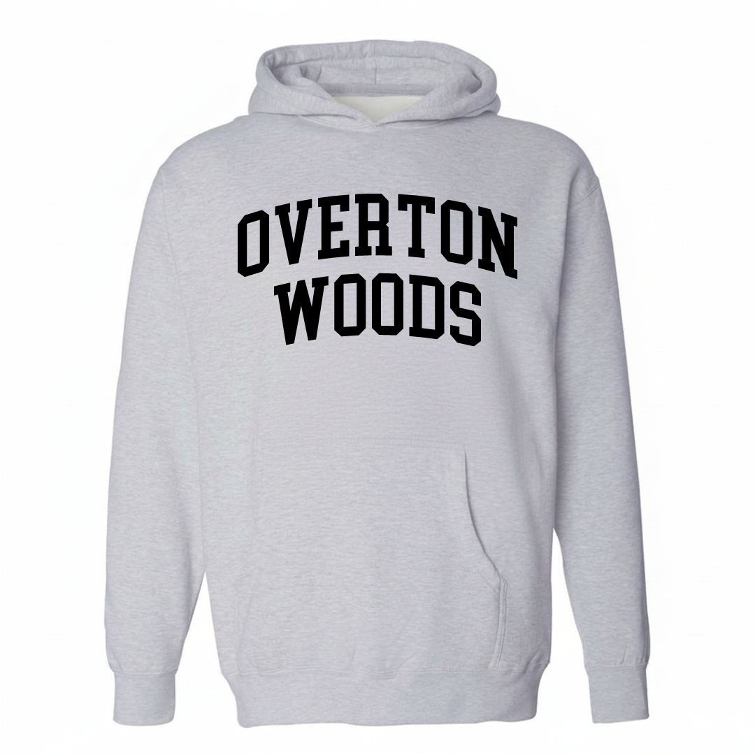 Heather-gray hoodie with the Overton Woods arched varsity lettering design on the chest.