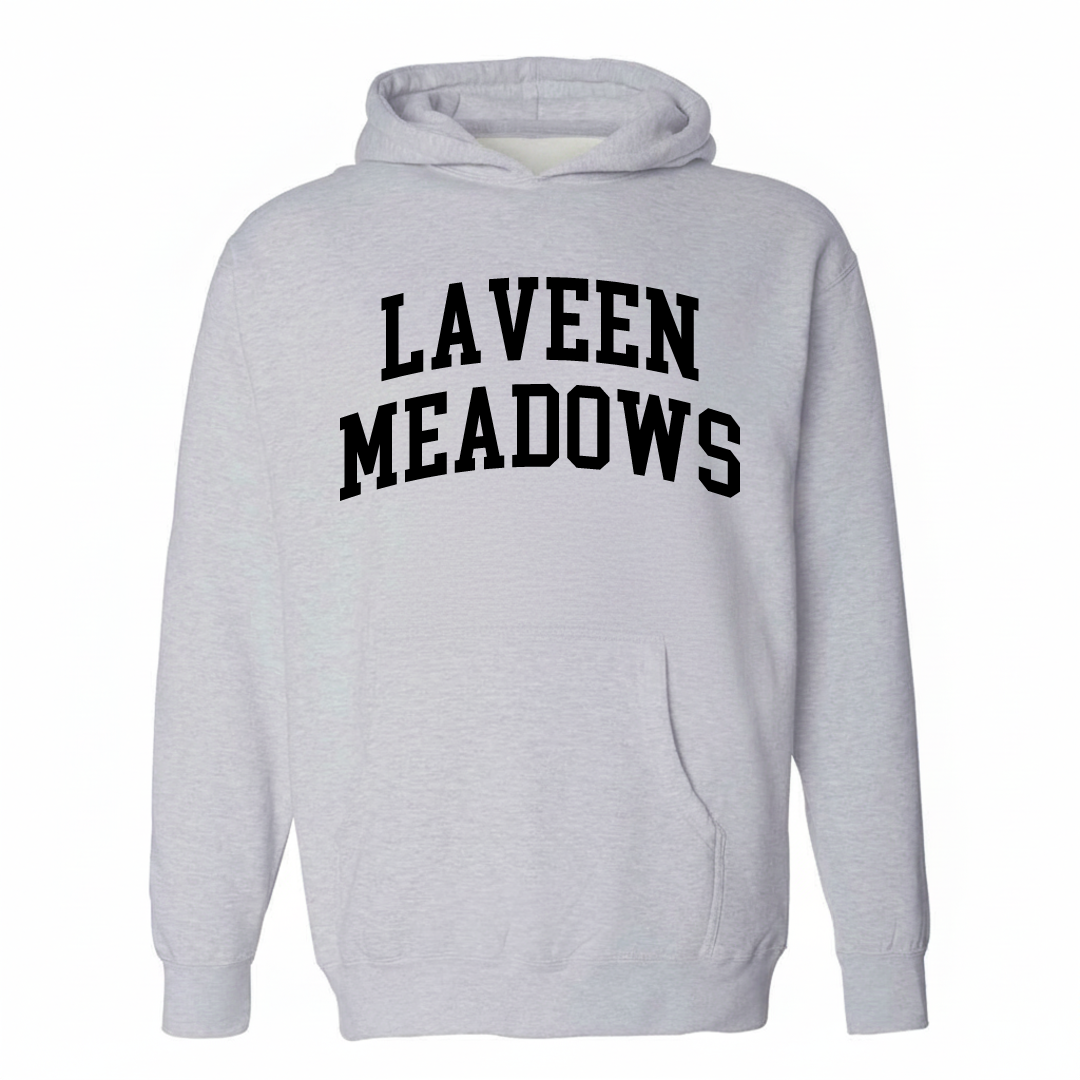 Heather-gray hoodie with the Laveen Meadows varsity arched lettering design on the chest.