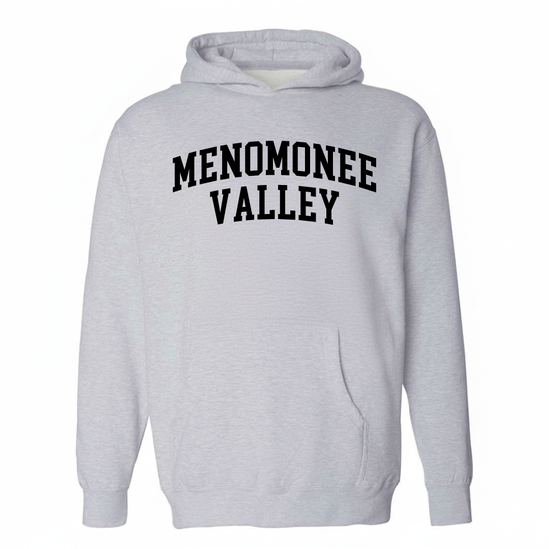 Heather-gray hoodie with the Menomonee Valley arched lettering design on the chest.