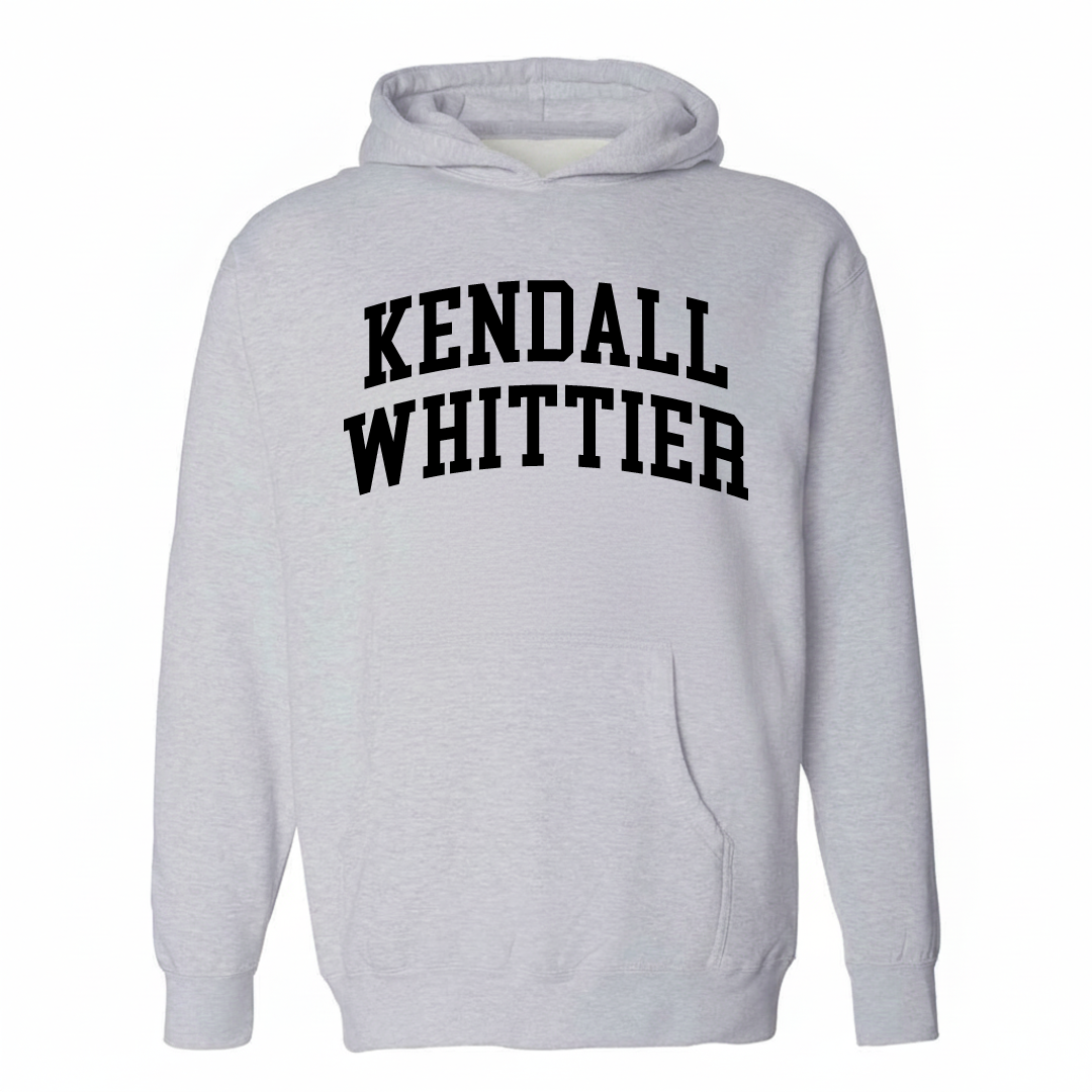 Heather-gray hoodie with the Kendall-Whittier varsity arched lettering design on the chest.