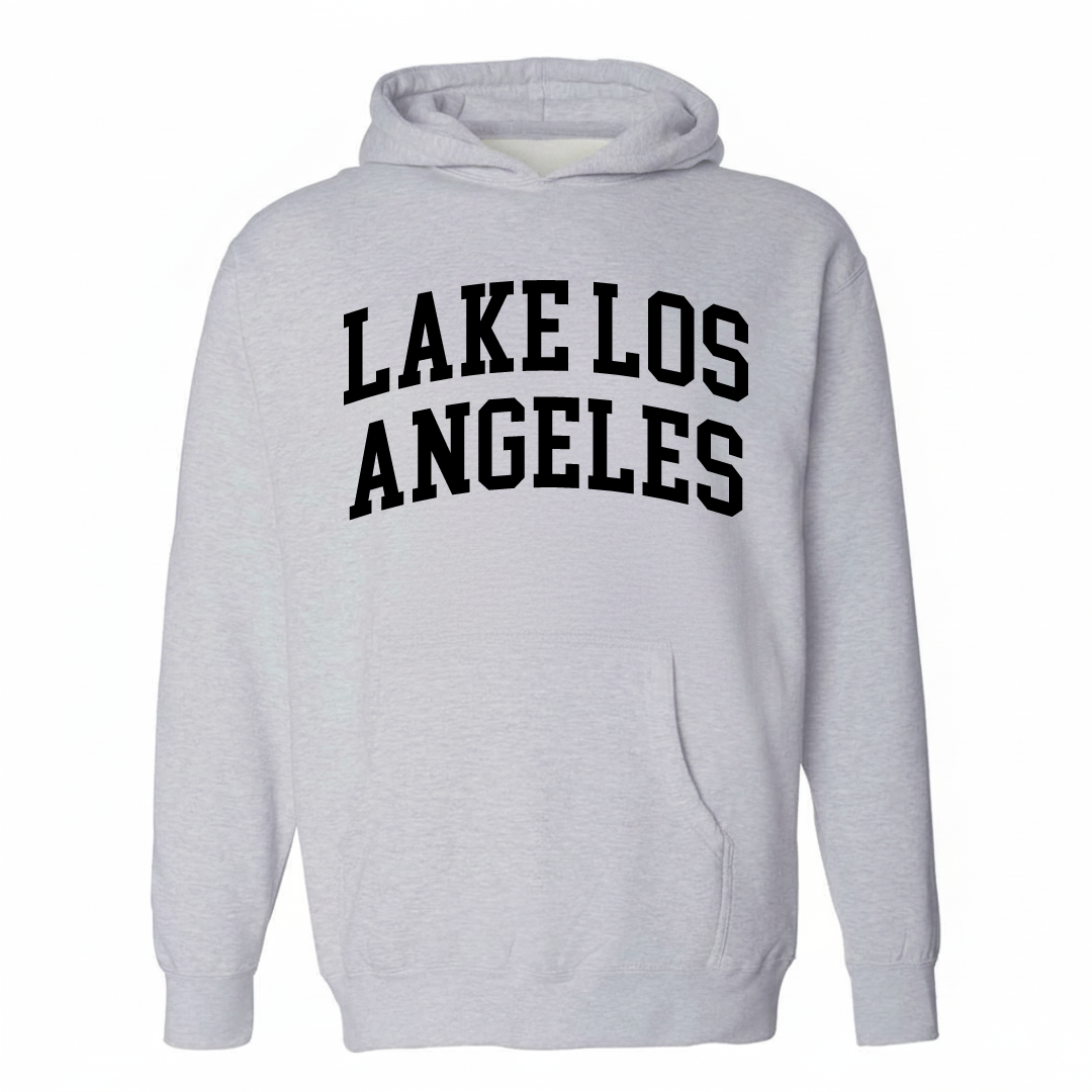 Heather-gray hoodie with the Lake Los Angeles varsity arched lettering design on the chest.