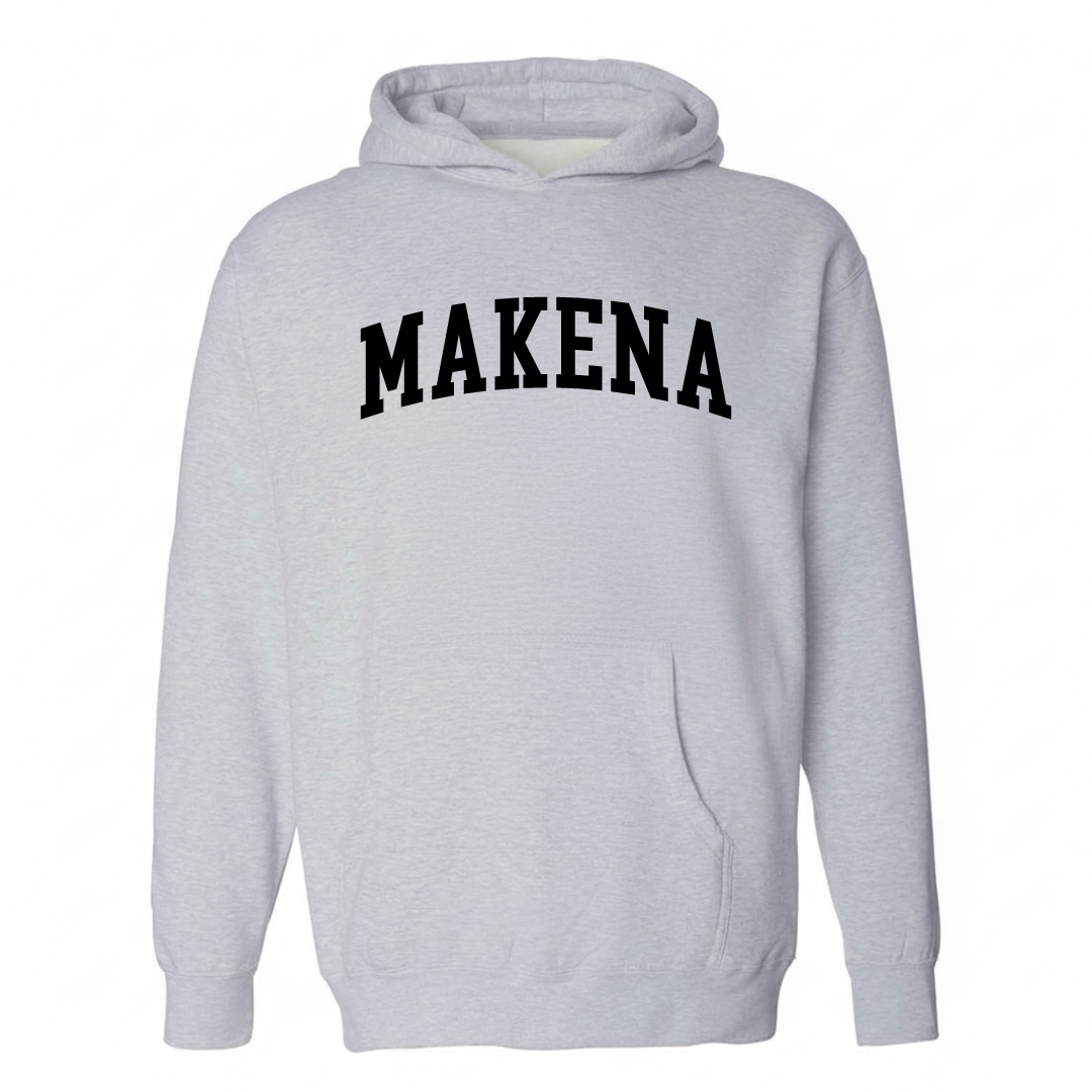 Heather-gray hoodie with the Makena varsity arched lettering design on the chest.