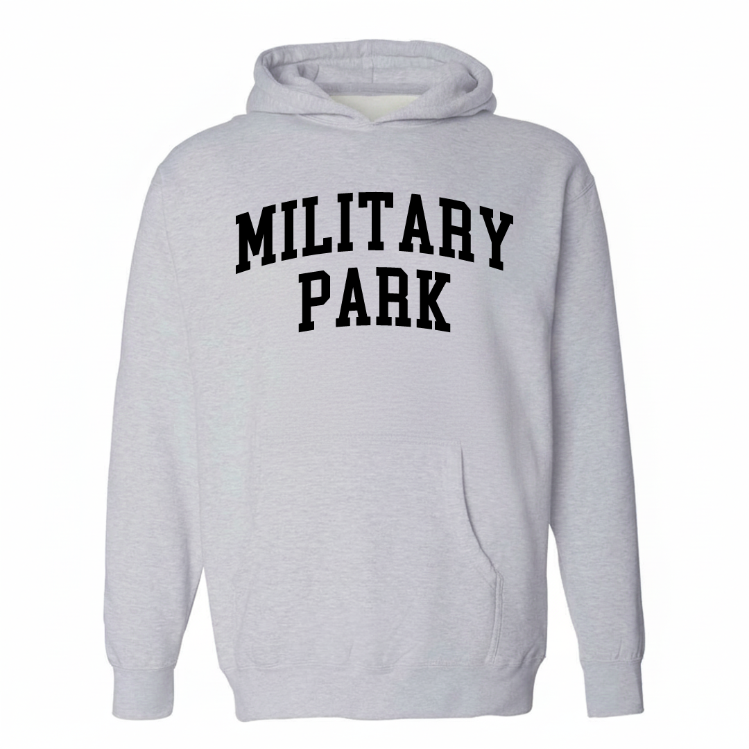 Heather-gray hoodie with the Military Park arched varsity lettering design on the chest.