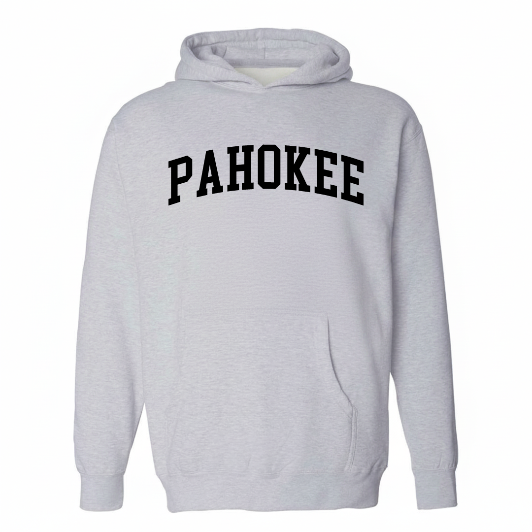 Heather-gray hoodie with the Pahokee varsity arched lettering design on the chest.