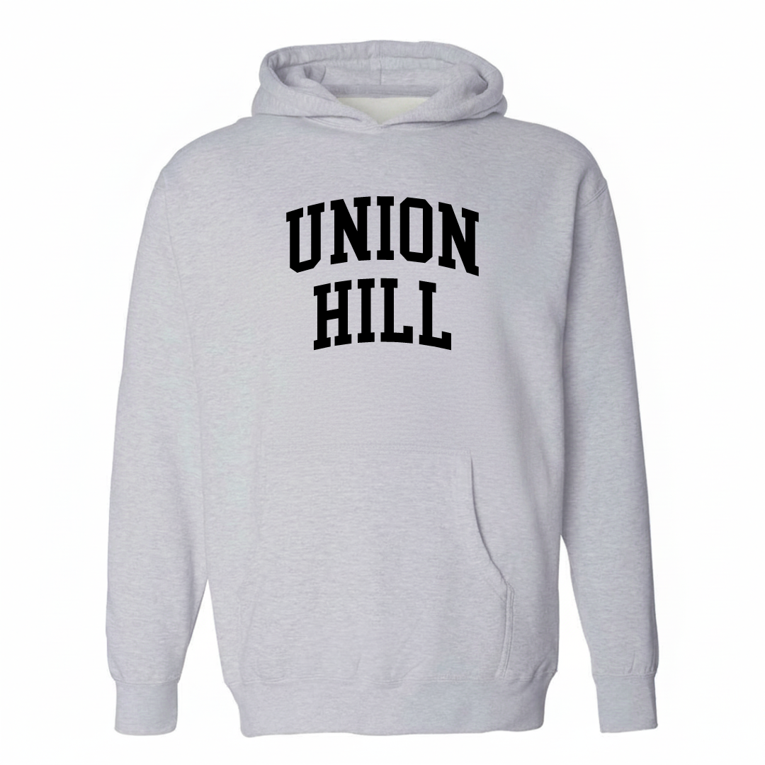 Heather-gray hoodie with the Union Hill varsity arched lettering design on the chest.