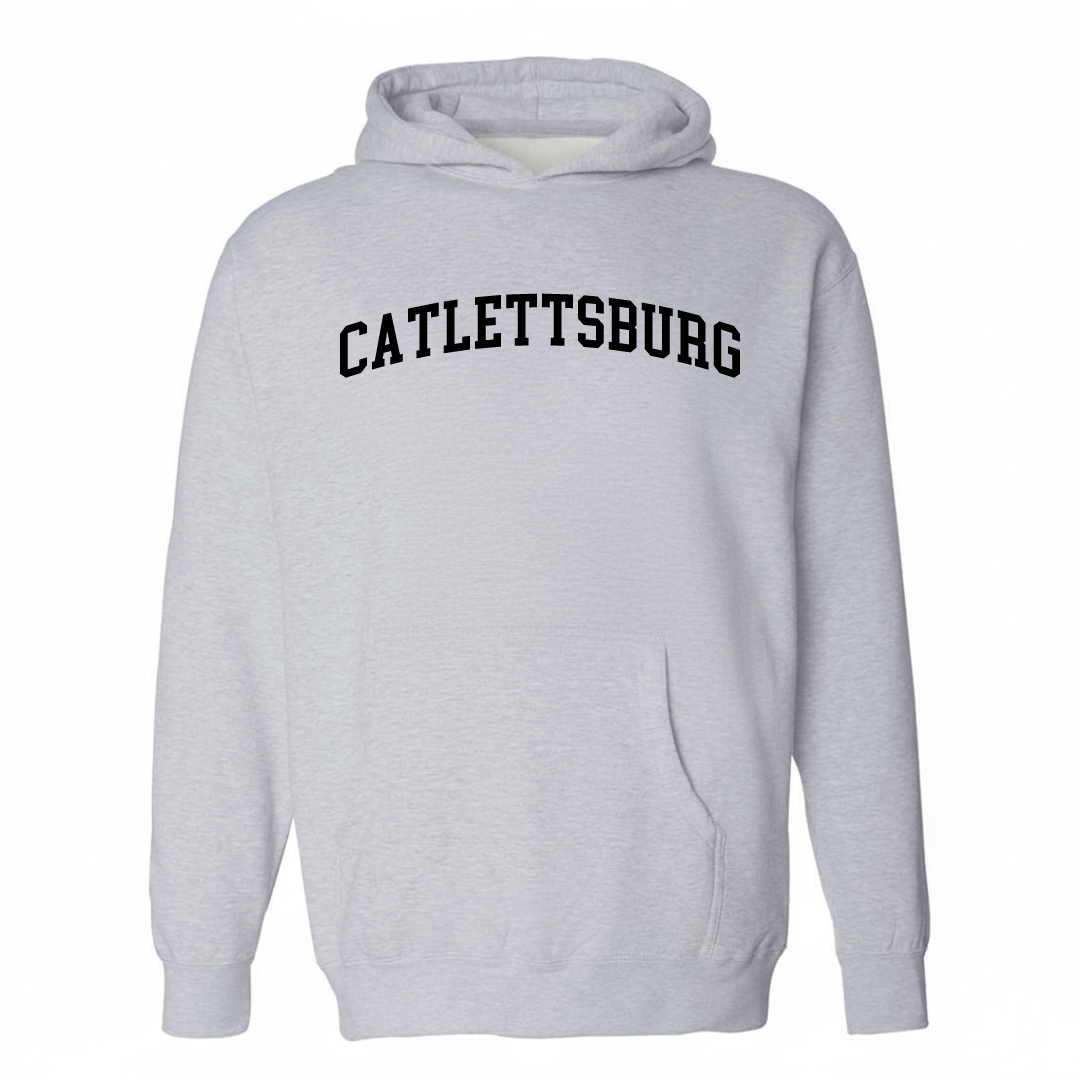 Heather-gray hoodie with the Catlettsburg varsity arched lettering design on the chest.