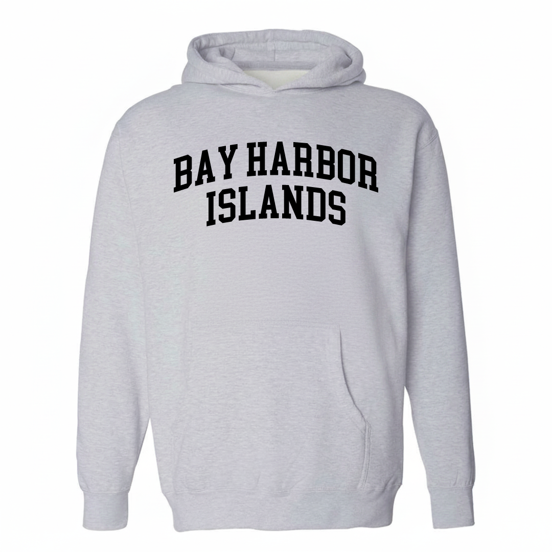 Heather-gray hoodie with the Bay Harbor Islands varsity arched lettering design on the chest.