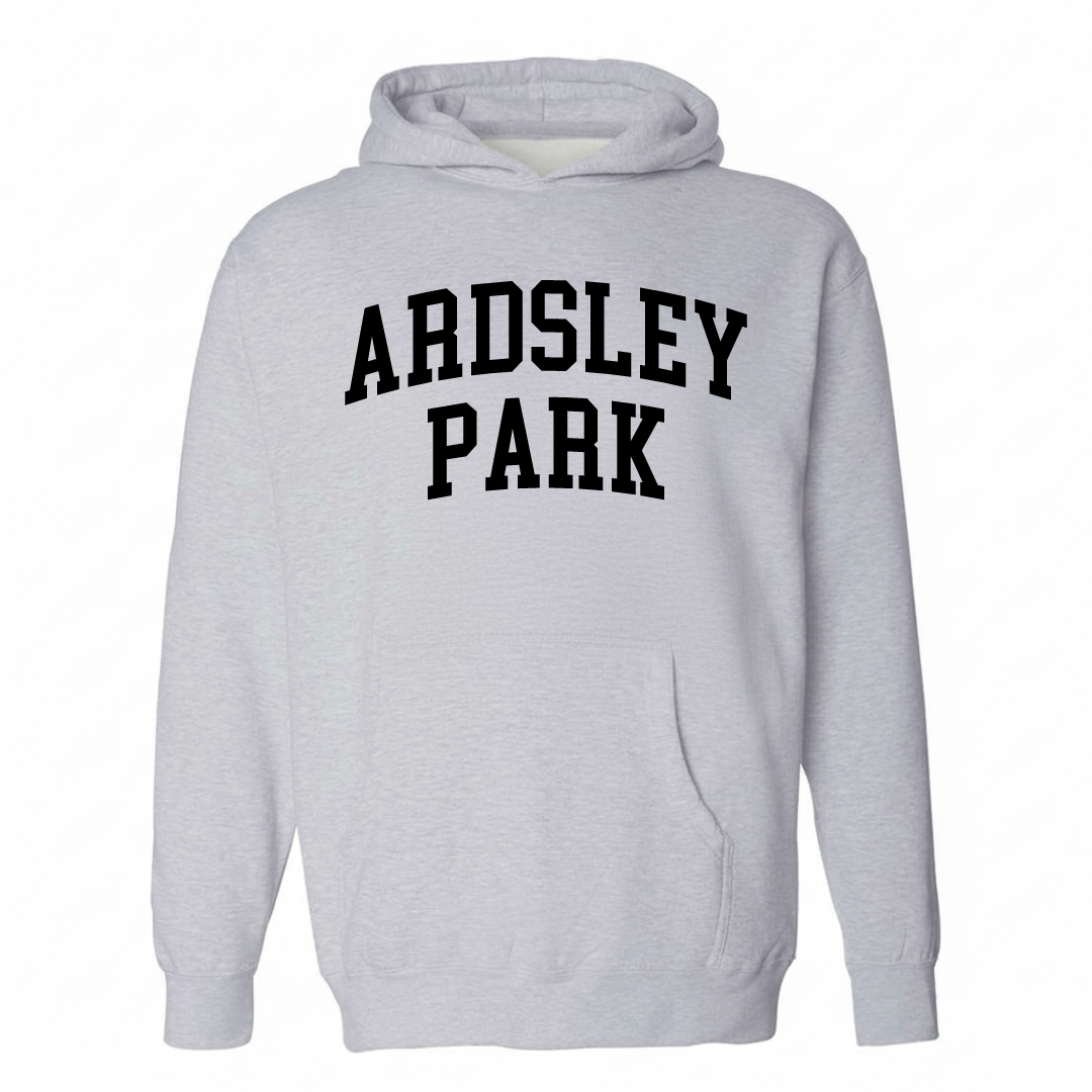 Heather-gray hoodie with the Ardsley Park varsity arched lettering design on the chest.