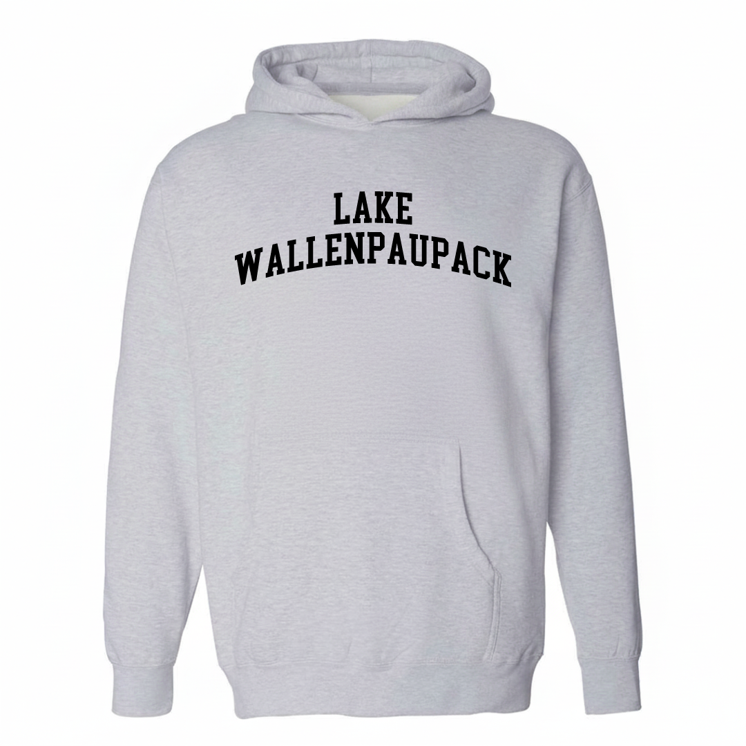 Heather-gray hoodie with the Lake Wallenpaupack varsity arched lettering design on the chest.