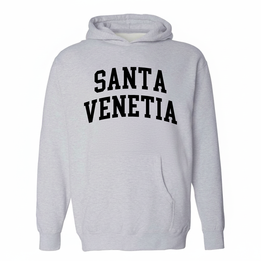 Heather-gray hoodie with the Santa Venetia varsity arched lettering design on the chest.