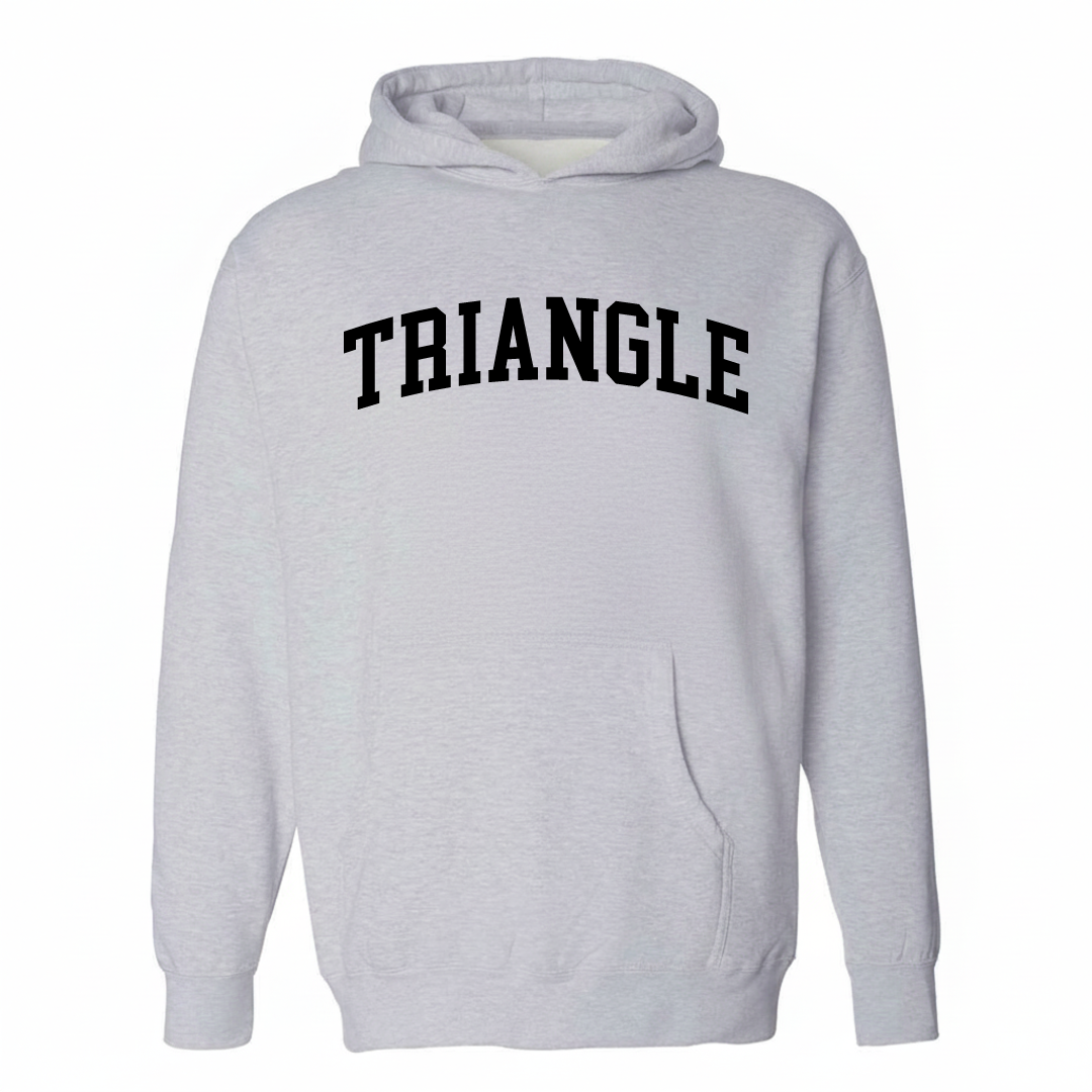 Heather-gray hoodie with the Triangle Rock Hill arched varsity lettering design on the chest.